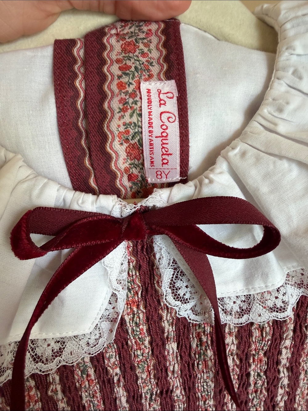 La Coqueta - Girls Burgundy Floral Striped Hand Smocked Dress - Size: 8Y - Picture 4 of 10